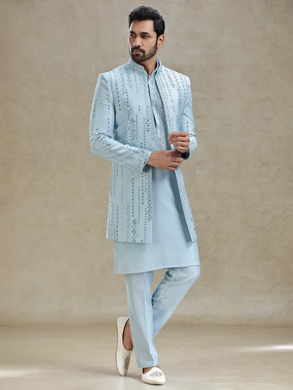 Blue open layered jacket style indo western set