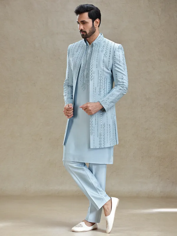 Blue open layered jacket style indo western set