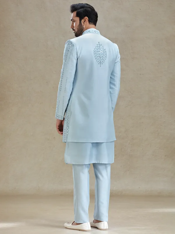 Blue open layered jacket style indo western set