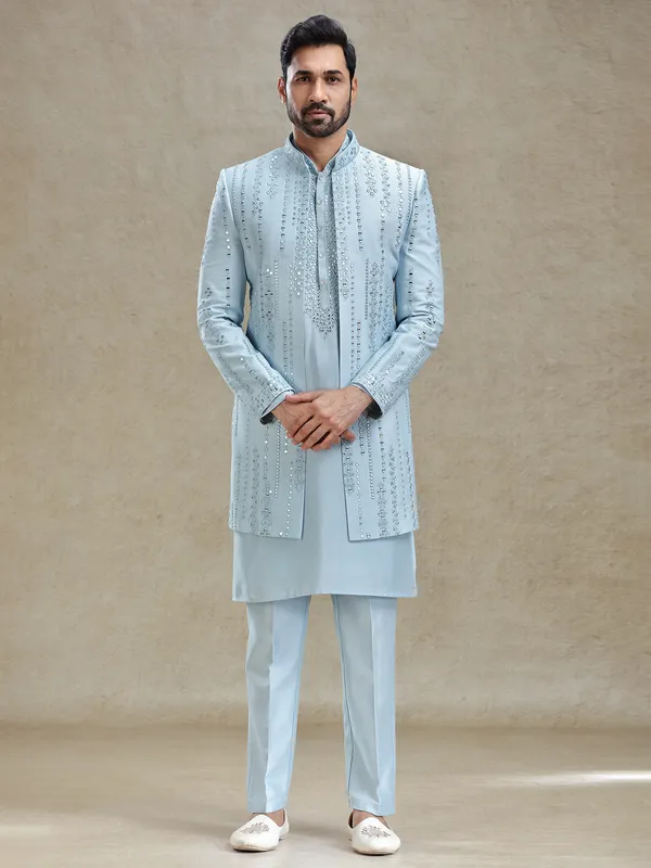 Blue open layered jacket style indo western set