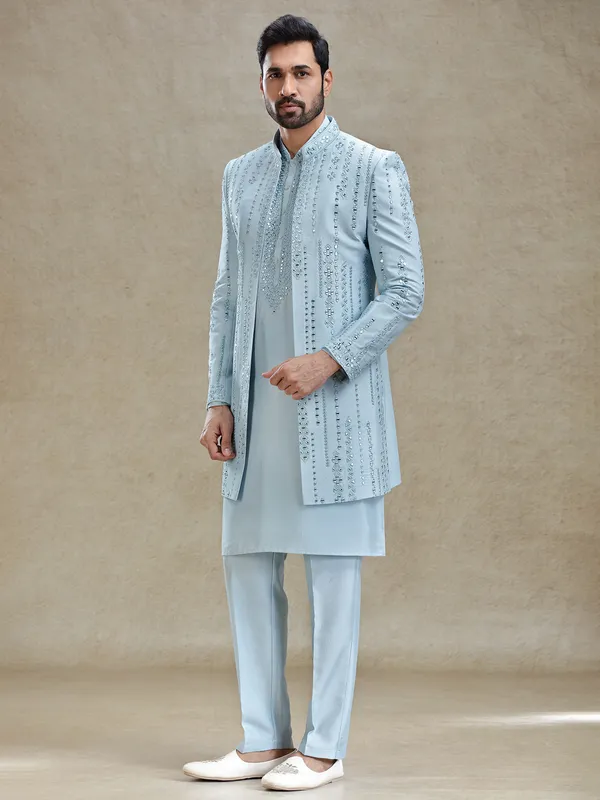 Blue open layered jacket style indo western set