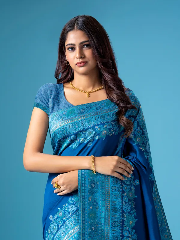 Blue pashmina silk saree with kashmiri weaving