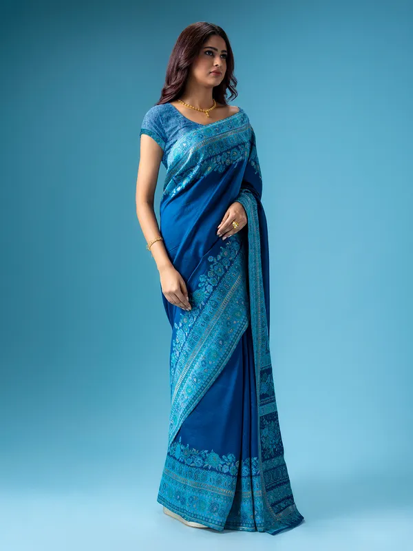 Blue pashmina silk saree with kashmiri weaving