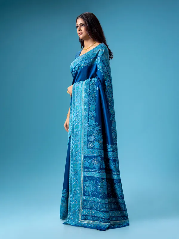 Blue pashmina silk saree with kashmiri weaving