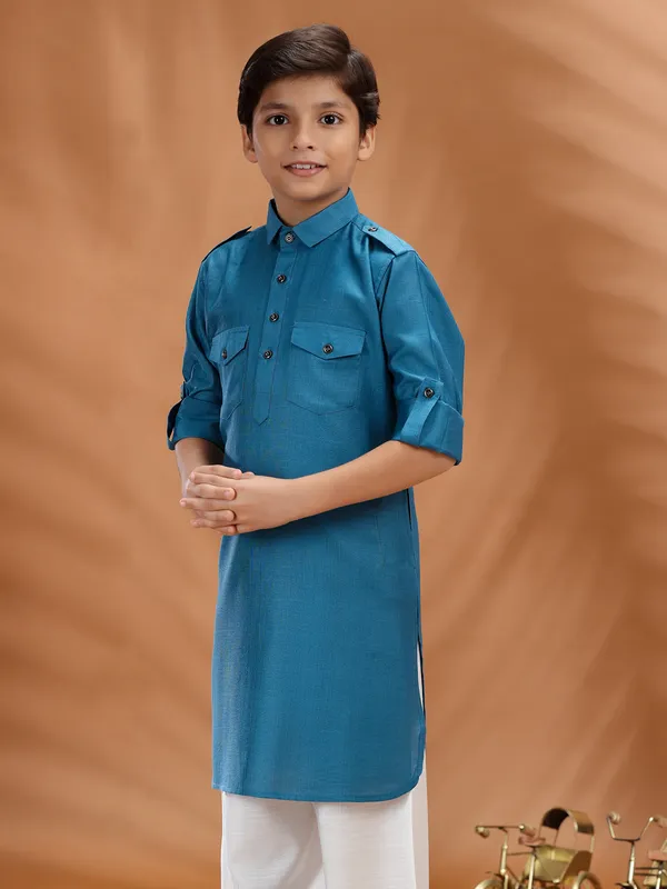 Blue plain cotton kurta for family functions