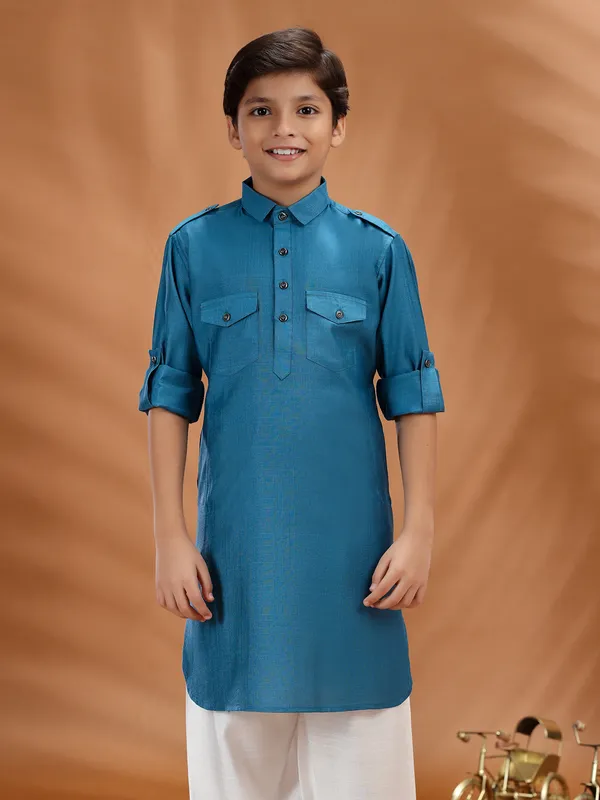 Blue plain cotton kurta for family functions