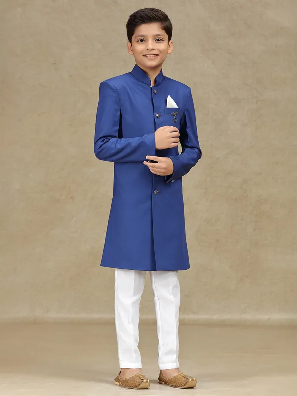 Blue plain indowestern in terryrayon