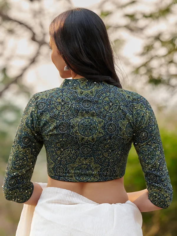 Blue printed ajrakh cotton printed ready made blouse
