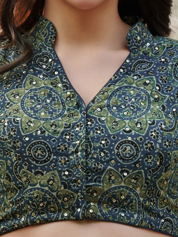 Blue printed ajrakh cotton printed ready made blouse