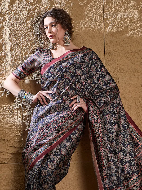 Blue printed bhagalpuri silk saree for festive wear