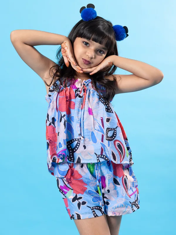 Blue printed co-ord set in cotton silk