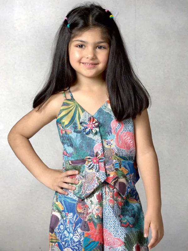 Blue printed co ord set in crepe