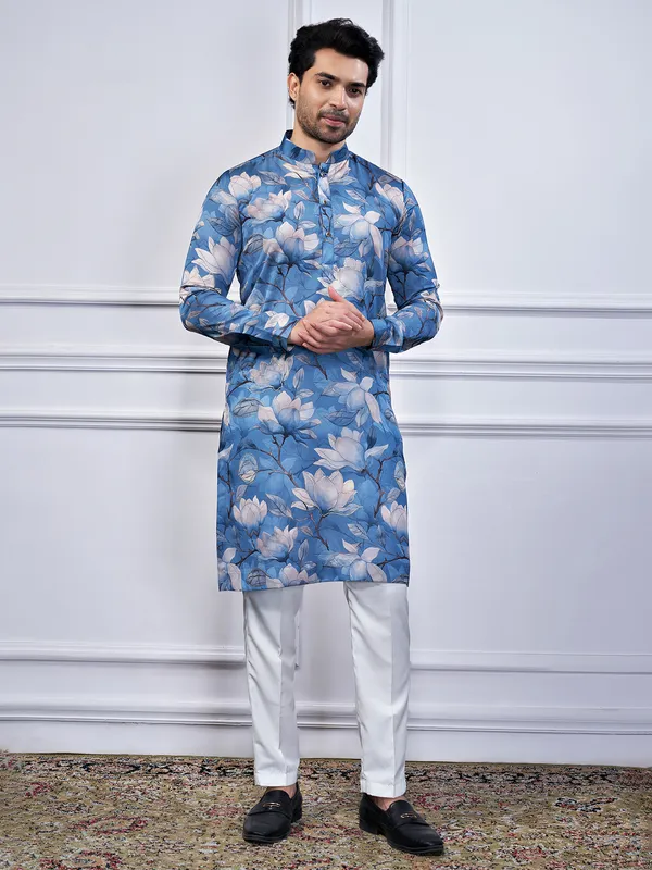 Blue printed cotton festival wear kurta suit