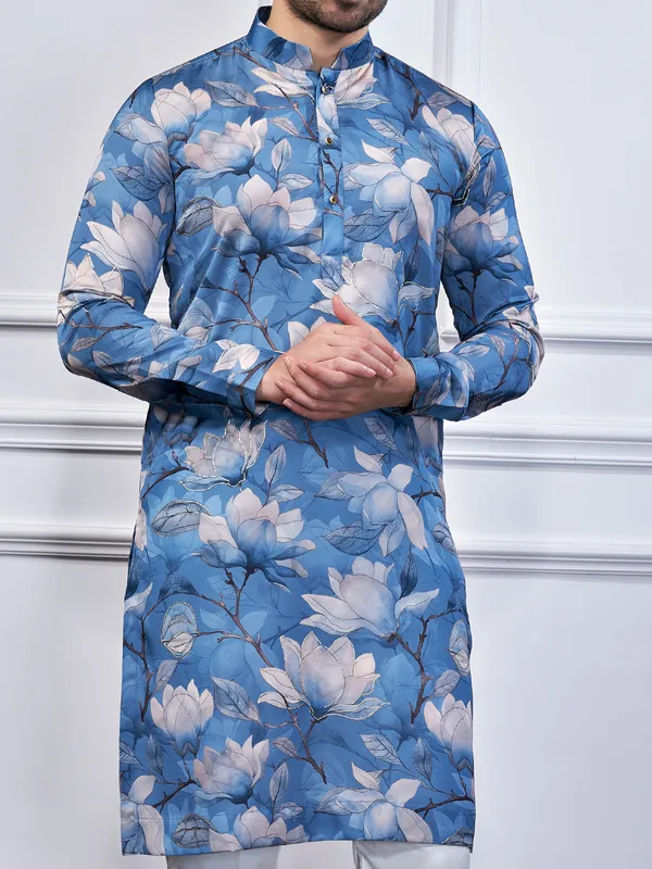 Blue printed cotton festival wear kurta suit