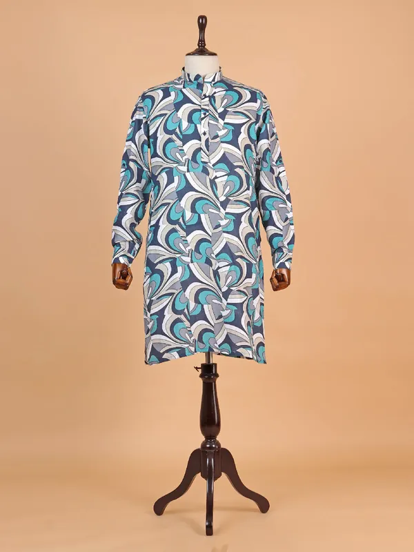 Blue printed cotton festive style kurta suit suit