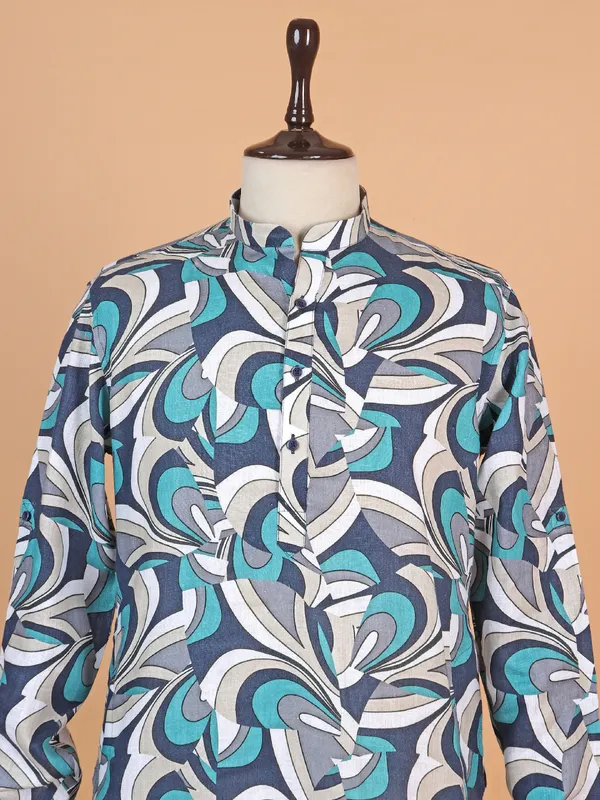 Blue printed cotton festive style kurta suit suit