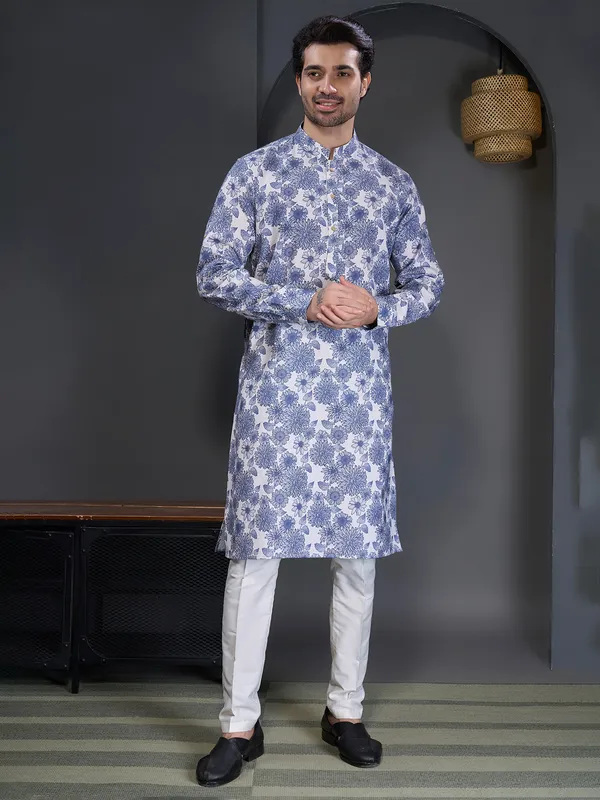 Blue printed cotton kurta suit for festive wear