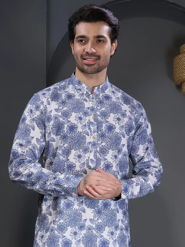 Blue printed cotton kurta suit for festive wear