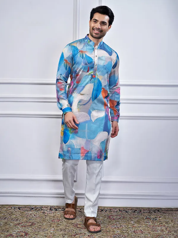 Blue printed cotton kurta suit for traditional look