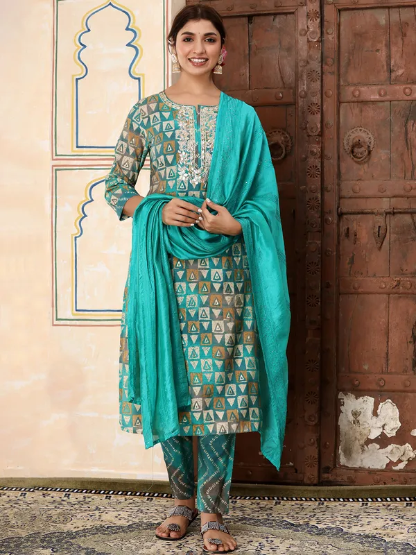 Blue printed cotton kurti set