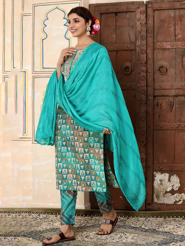 Blue printed cotton kurti set