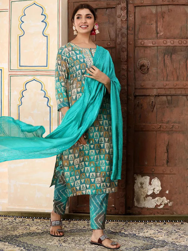 Blue printed cotton kurti set