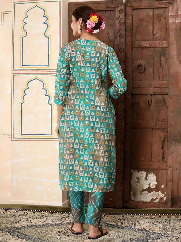 Blue printed cotton kurti set