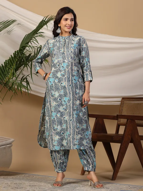Blue printed cotton kurti with salwar