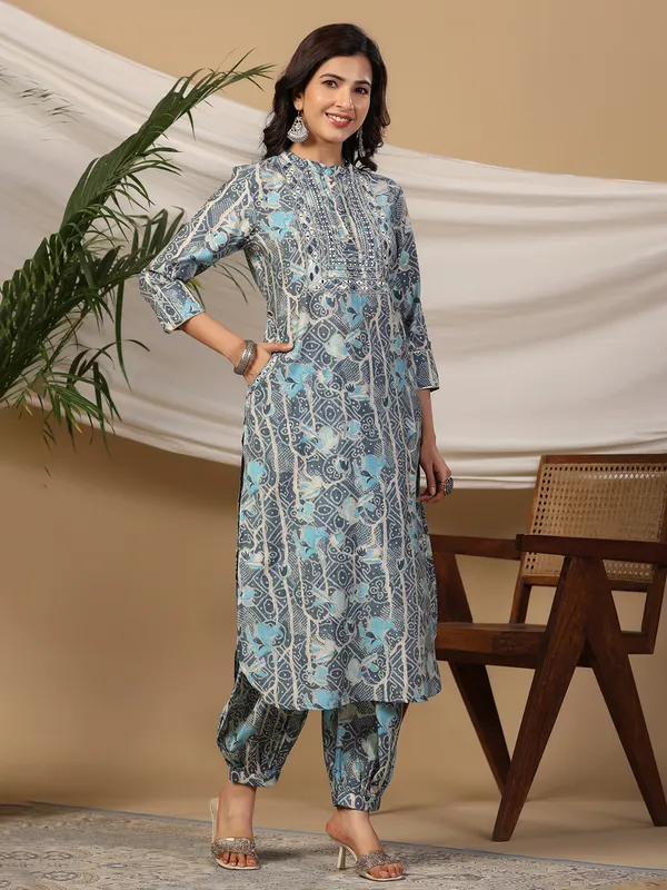 Blue printed cotton kurti with salwar