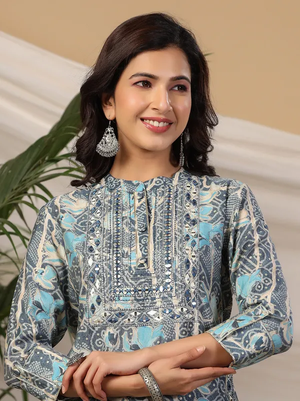 Blue printed cotton kurti with salwar