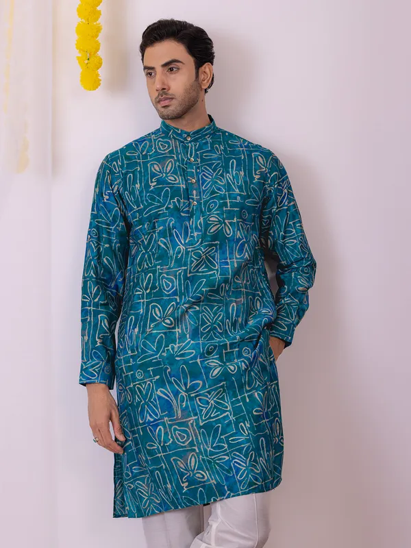 Blue printed cotton silk kurta for men