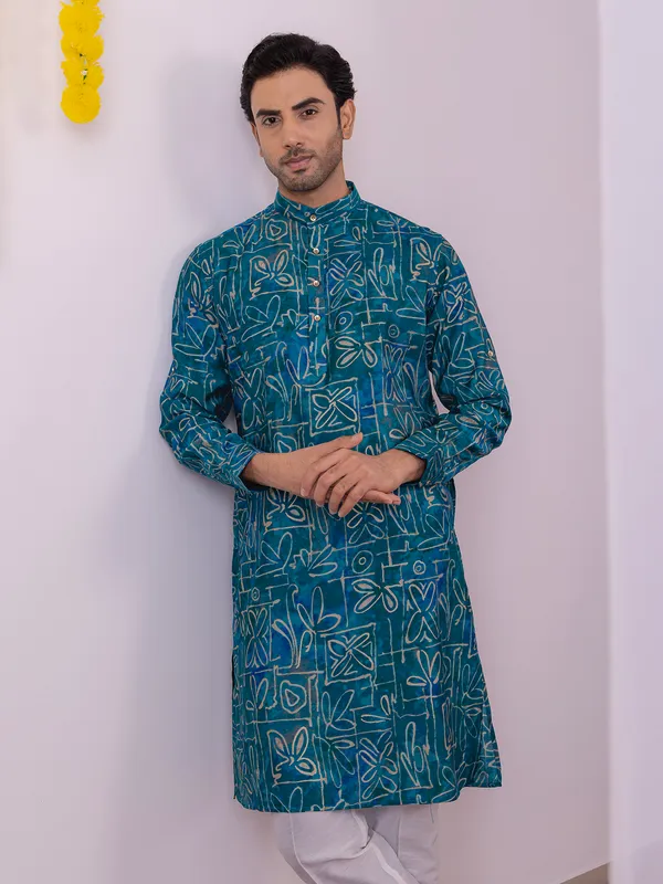 Blue printed cotton silk kurta for men
