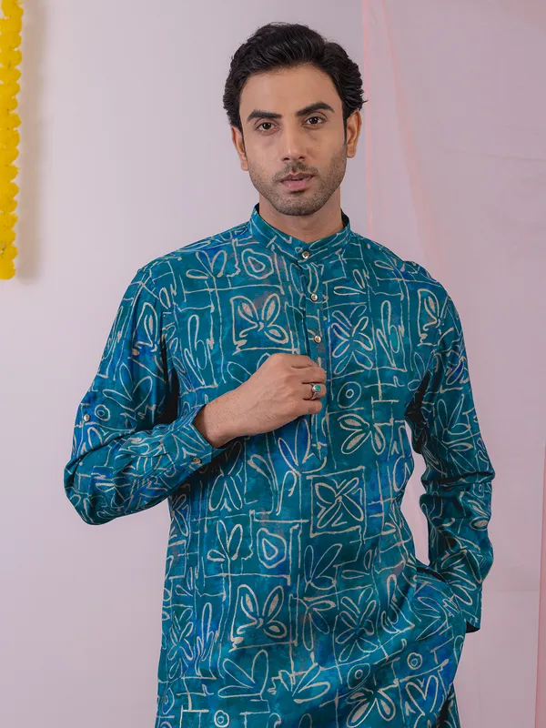 Blue printed cotton silk kurta for men