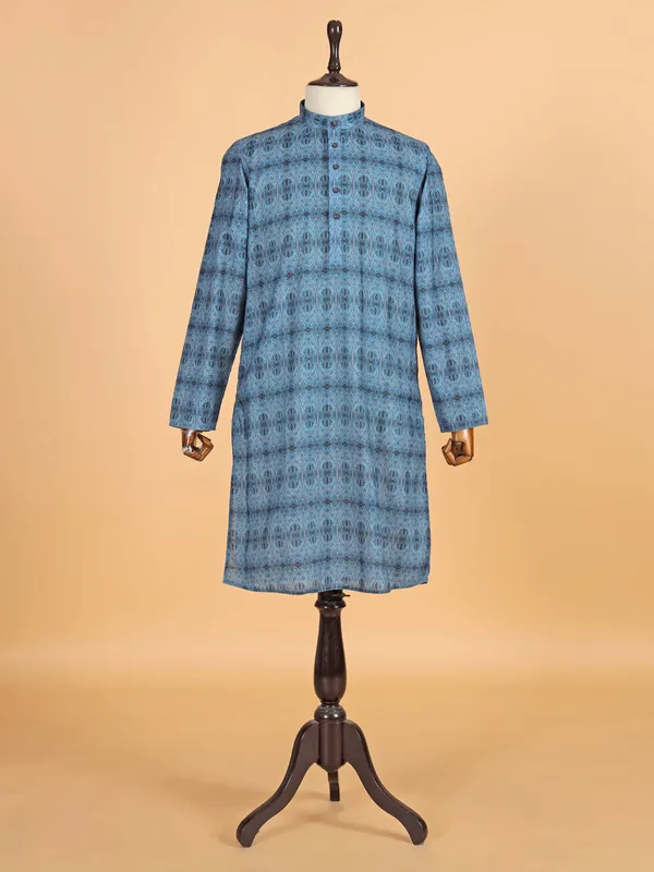 Blue printed cotton silk kurta suit for festive