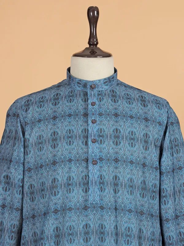 Blue printed cotton silk kurta suit for festive