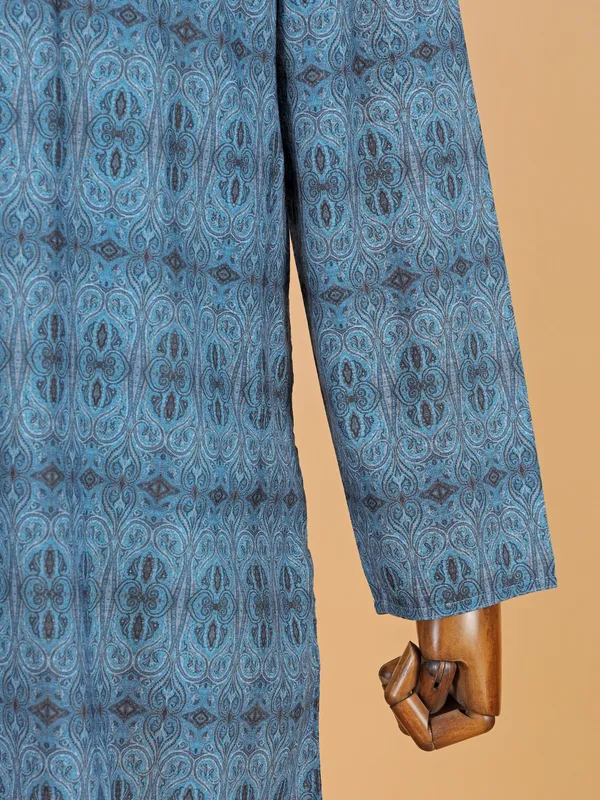 Blue printed cotton silk kurta suit for festive