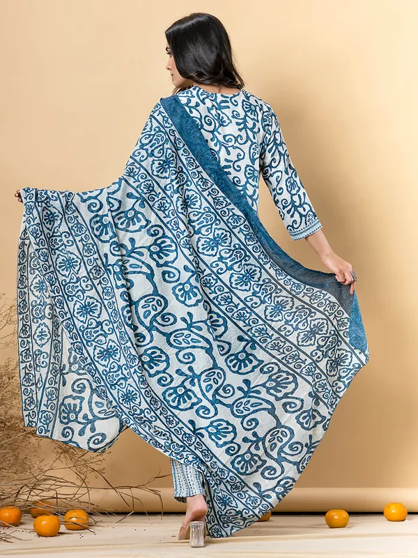 Blue printed cotton silk kurti set for festival
