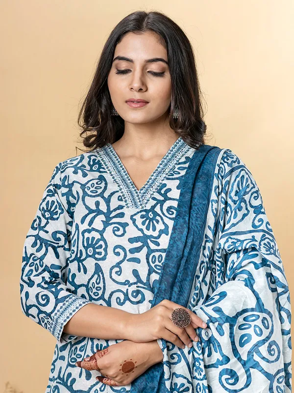 Blue printed cotton silk kurti set for festival