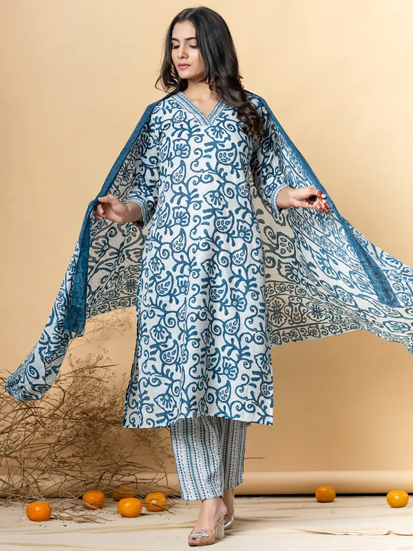 Blue printed cotton silk kurti set for festival