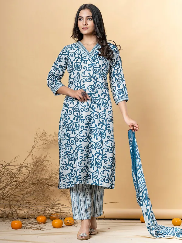 Blue printed cotton silk kurti set for festival