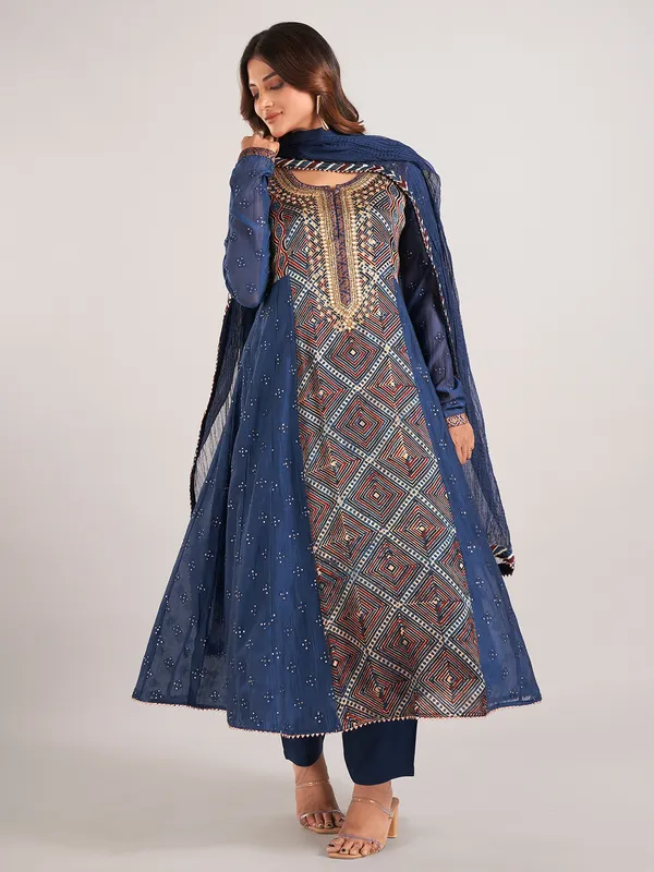 Blue printed cotton silk salwar suit with dupatta