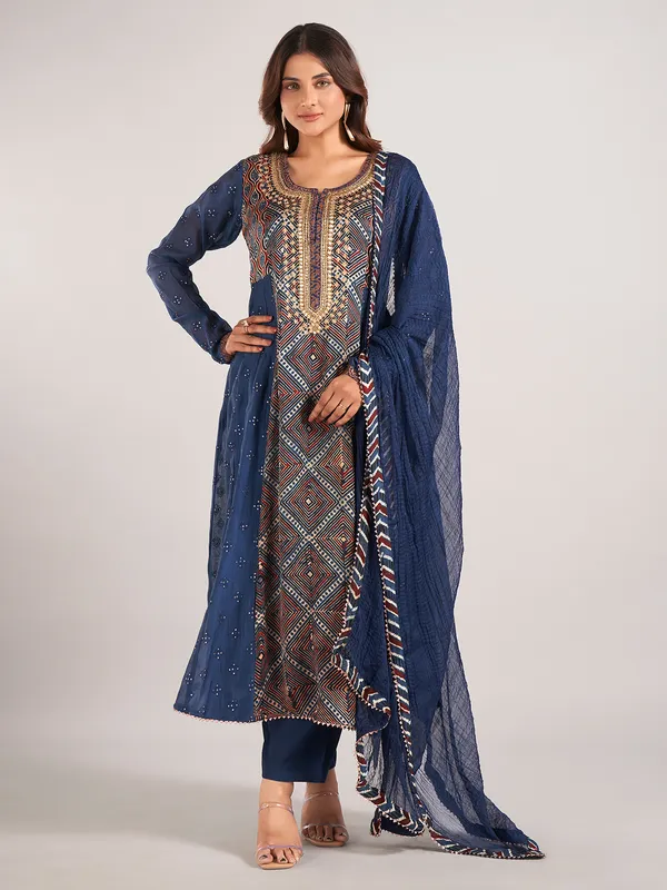Blue printed cotton silk salwar suit with dupatta