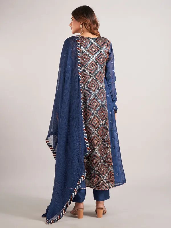 Blue printed cotton silk salwar suit with dupatta