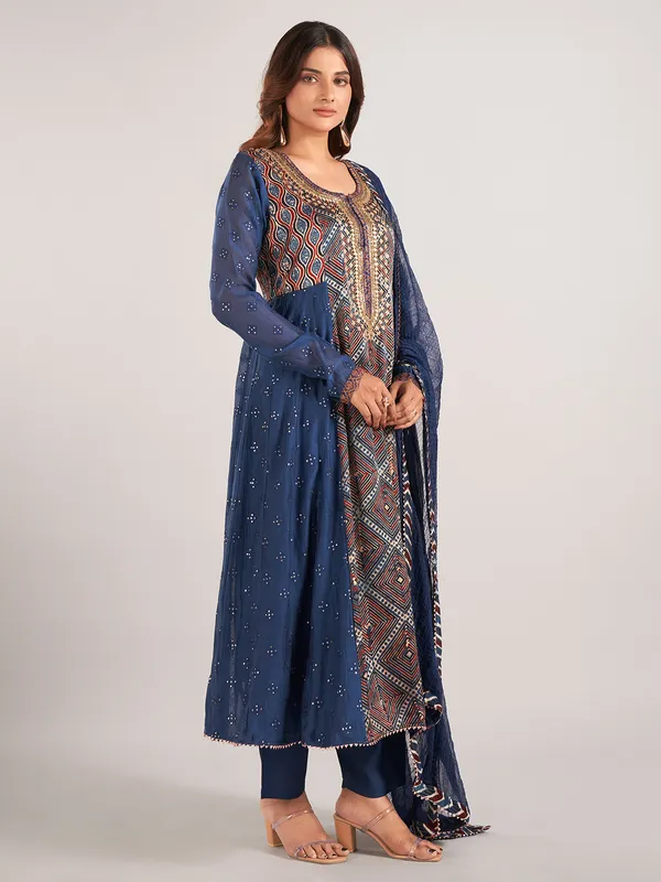 Blue printed cotton silk salwar suit with dupatta