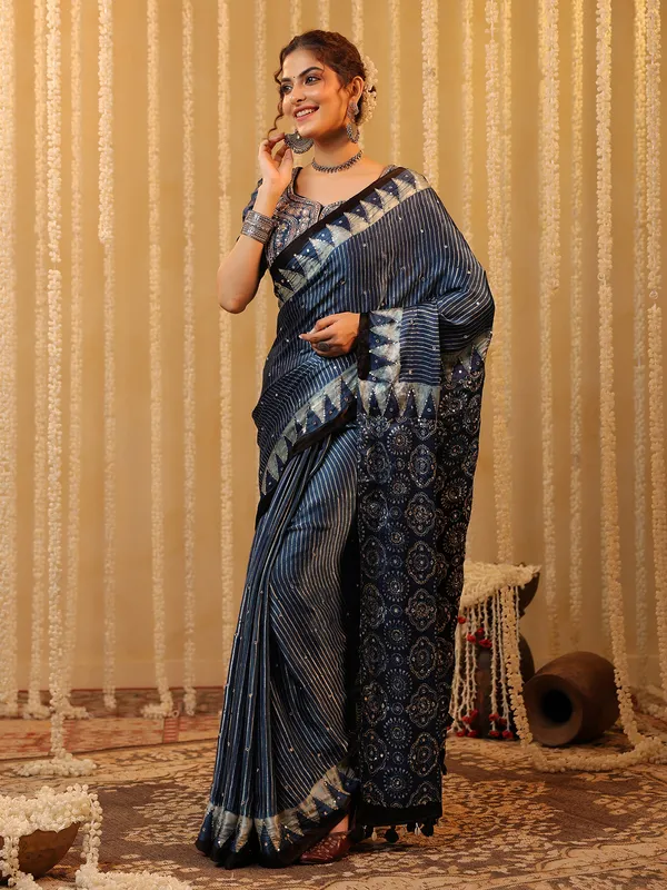 Blue printed cotton silk saree for festival
