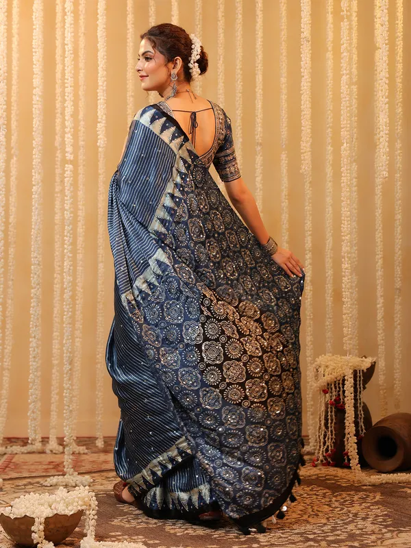 Blue printed cotton silk saree for festival
