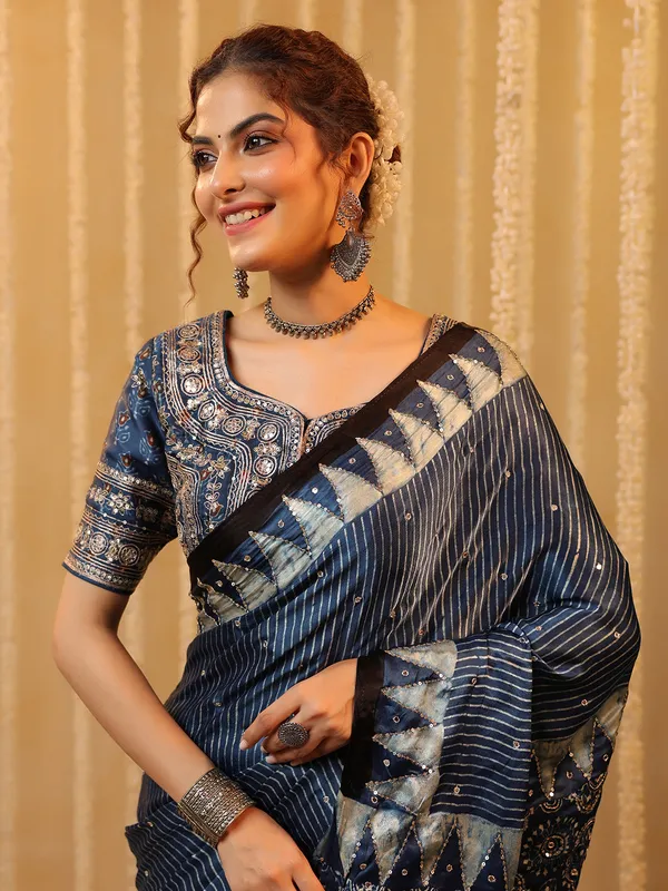 Blue printed cotton silk saree for festival