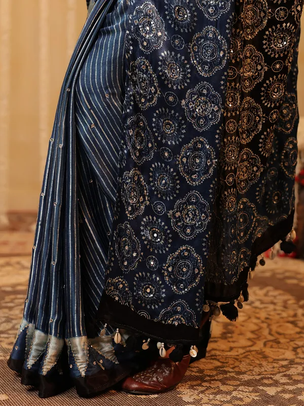 Blue printed cotton silk saree for festival