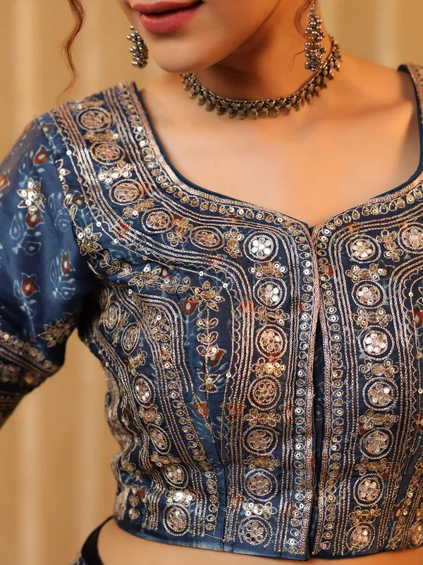 Blue printed cotton silk saree for festival