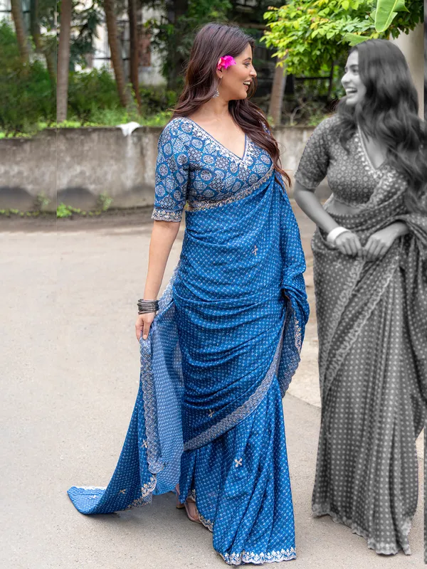 Blue printed cotton silk saree with readymade blouse